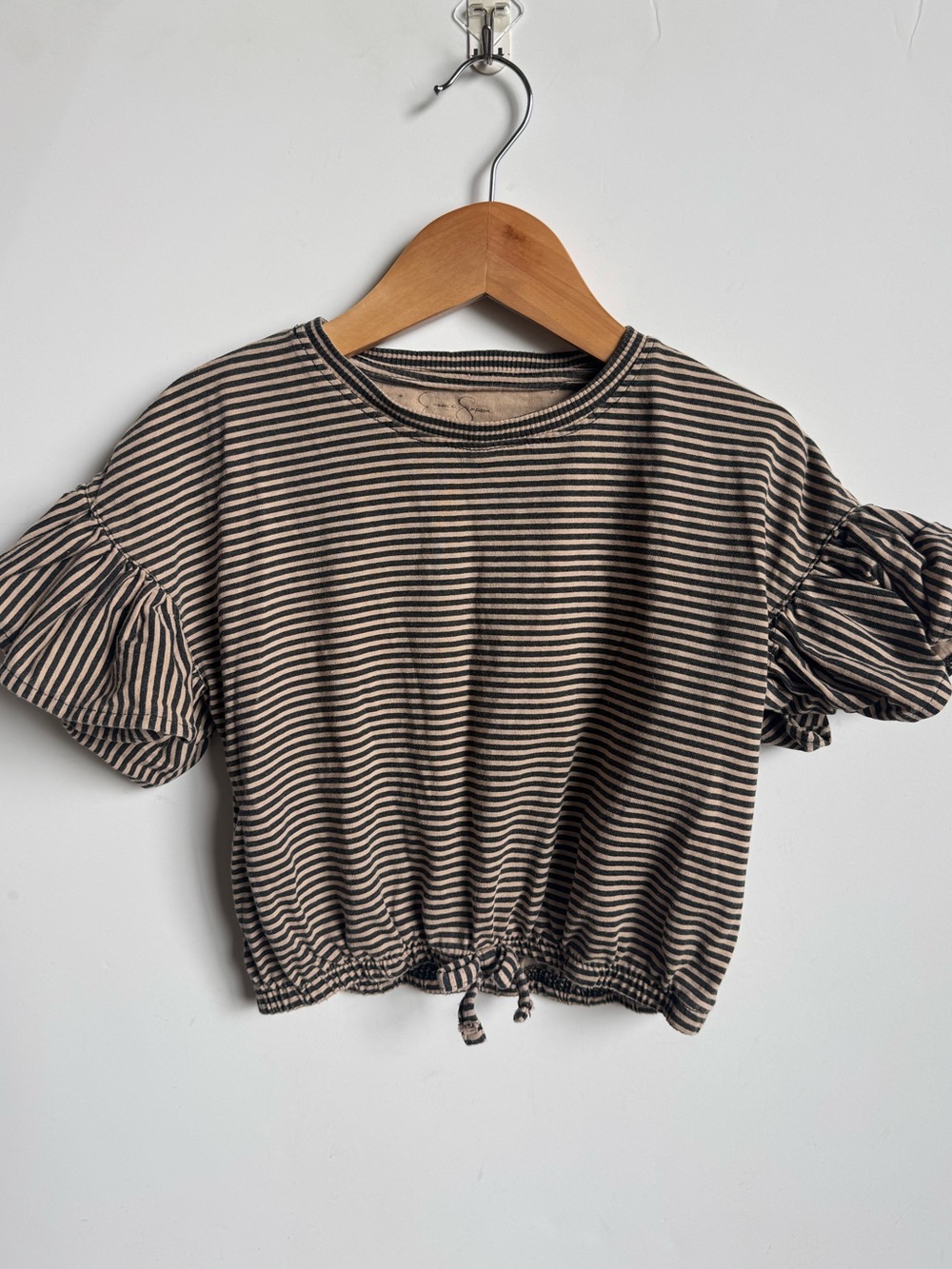 Girls Jessica Simpson Black and Beige Striped Ruffle Sleeve Top